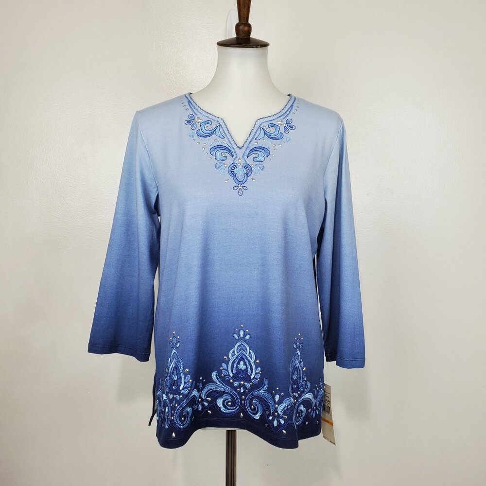 Alfred Dunner Blue Ombre Embroidered Embellished Knit Top NEW NWT Size S - Picture 14 of 14